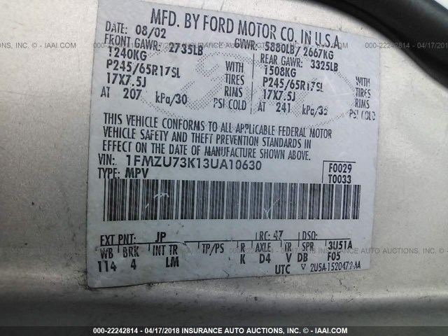 1FMZU73K13UA10630 - 2003 FORD EXPLORER XLT/XLT SPORT/NBX SILVER photo 9