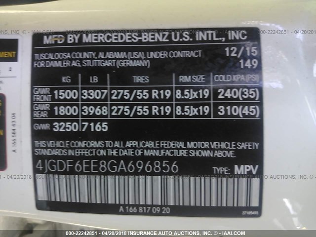 4JGDF6EE8GA696856 - 2016 MERCEDES-BENZ GL 450 4MATIC WHITE photo 9