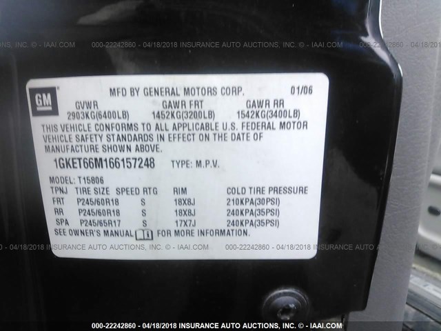 1GKET66M166157248 - 2006 GMC ENVOY DENALI XL BLACK photo 9