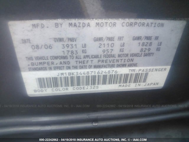 JM1BK344871624876 - 2007 MAZDA 3 HATCHBACK GRAY photo 9