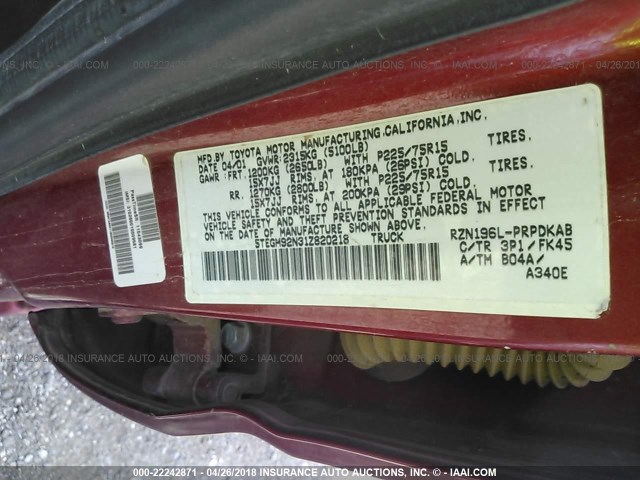 5TEGM92N31Z820218 - 2001 TOYOTA TACOMA DOUBLE CAB PRERUNNER RED photo 9