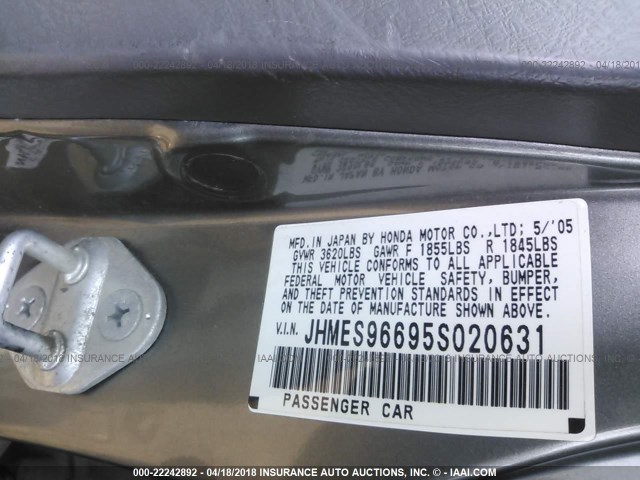 JHMES96695S020631 - 2005 HONDA CIVIC HYBRID GRAY photo 9