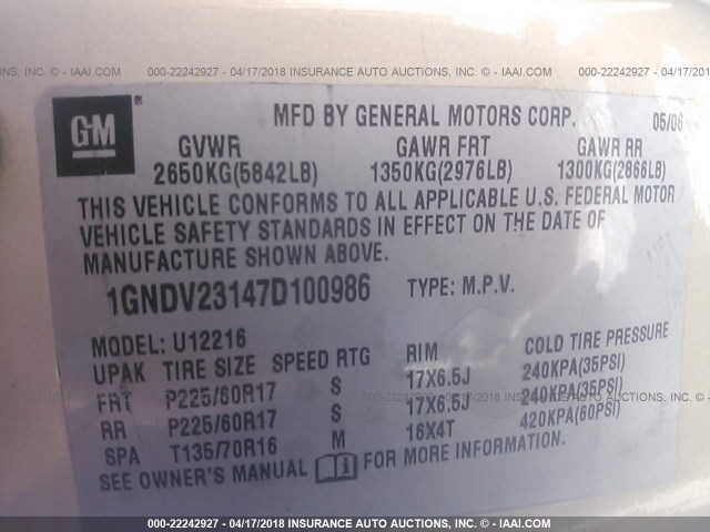 1GNDV23147D100986 - 2007 CHEVROLET UPLANDER LS GRAY photo 9