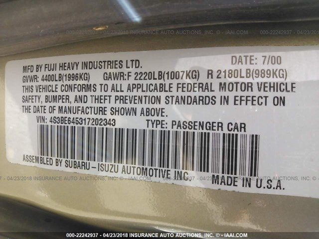 4S3BE645317202343 - 2001 SUBARU LEGACY GT TAN photo 9