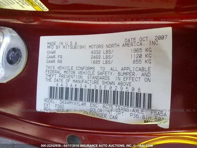 4A3AK34T38E029508 - 2008 MITSUBISHI ECLIPSE GT ORANGE photo 9