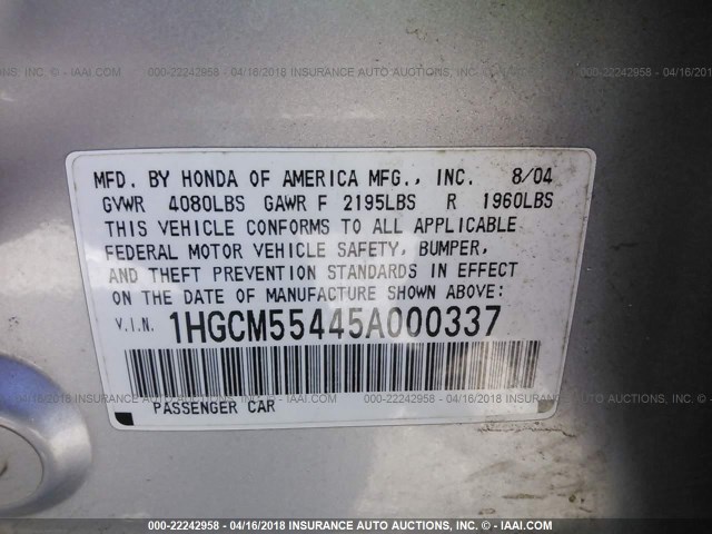 1HGCM55445A000337 - 2005 HONDA ACCORD LX SILVER photo 9