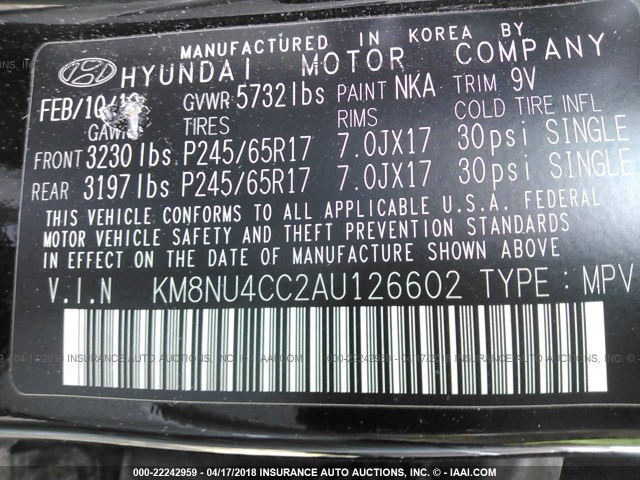 KM8NU4CC2AU126602 - 2010 HYUNDAI VERACRUZ GLS/LIMITED BLACK photo 9