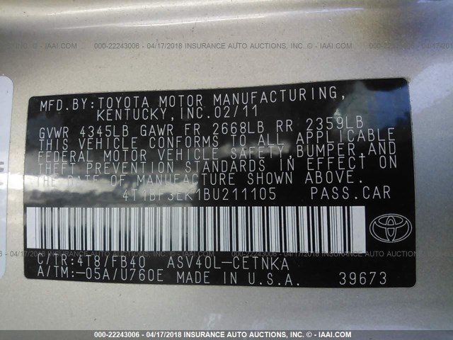 4T1BF3EK1BU211105 - 2011 TOYOTA CAMRY SE/LE/XLE 金色 照片 9
