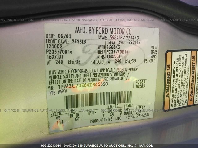 1FMZU73E64ZB45620 - 2004 FORD EXPLORER XLT/XLT SPORT/NBX 银色 照片 9