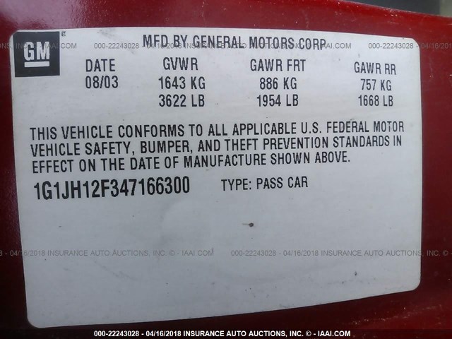 1G1JH12F347166300 - 2004 CHEVROLET CAVALIER LS SPORT RED photo 9