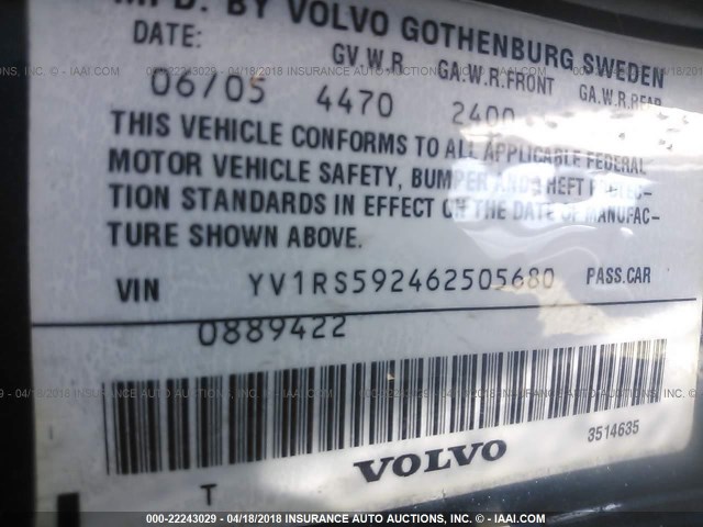 YV1RS592462505680 - 2006 VOLVO S60 2.5T BLUE photo 9
