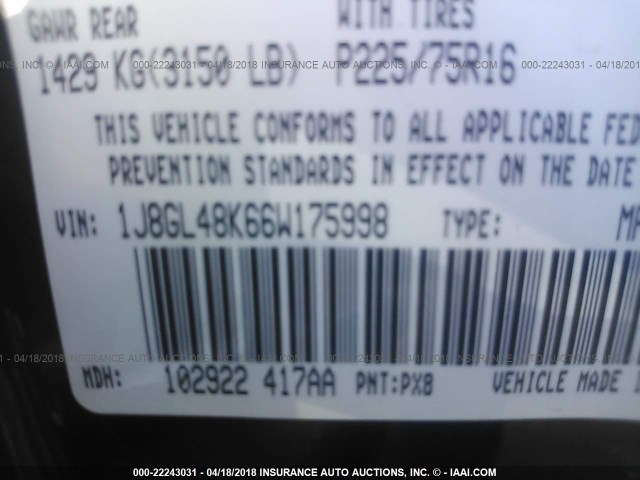 1J8GL48K66W175998 - 2006 JEEP LIBERTY SPORT 黑色 照片 9