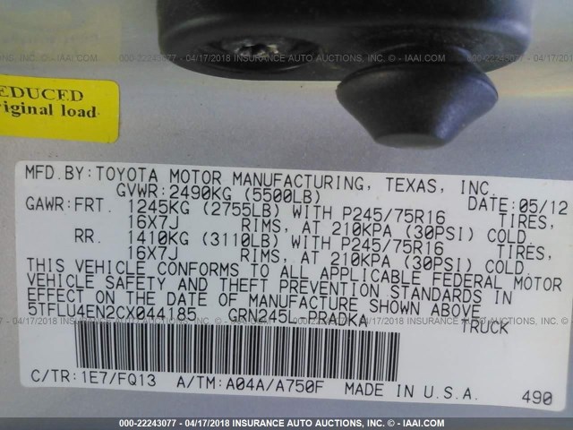 5TFLU4EN2CX044185 - 2012 TOYOTA TACOMA DOUBLE CAB 银色 照片 9