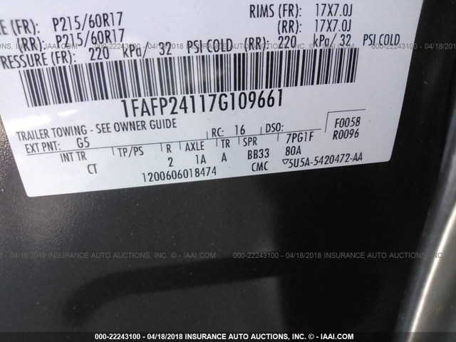 1FAFP24117G109661 - 2007 FORD FIVE HUNDRED SEL GRAY photo 9