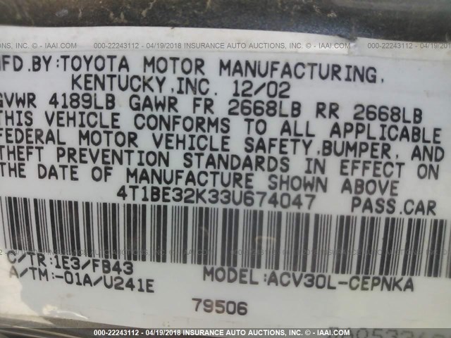 4T1BE32K33U674047 - 2003 TOYOTA CAMRY LE/XLE/SE ოქროსფერი ფოტო 9