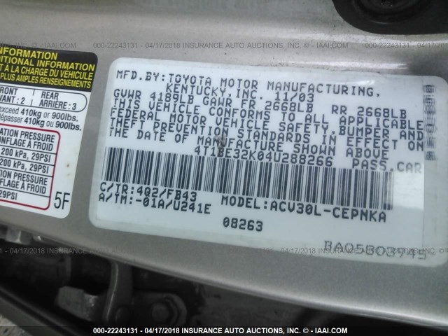 4T1BE32K04U288266 - 2004 TOYOTA CAMRY LE/XLE/SE Champagne photo 9
