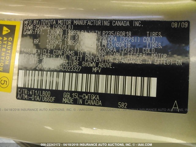 2T2BK1BA0AC023327 - 2010 LEXUS RX 350 GOLD photo 9