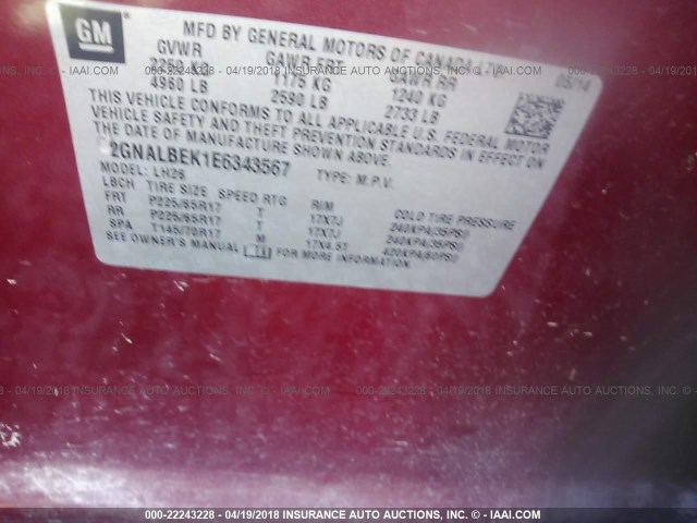 2GNALBEK1E6343567 - 2014 CHEVROLET EQUINOX LT MAROON photo 9