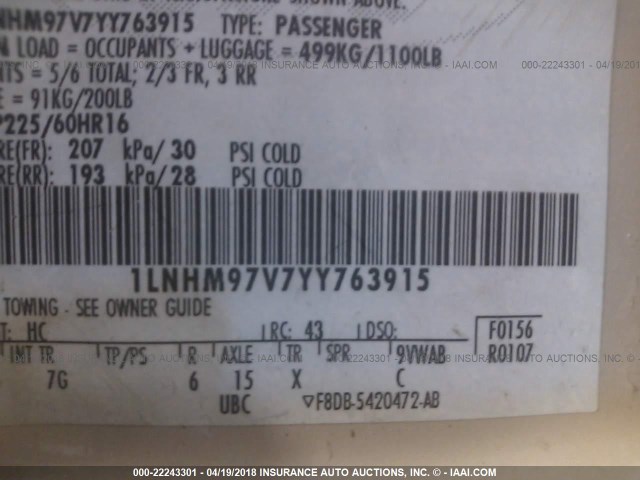 1LNHM97V7YY763915 - 2000 LINCOLN CONTINENTAL  棕色 照片 9