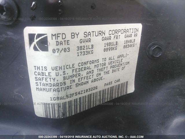 1G8AL52F54Z103226 - 2004 SATURN ION LEVEL 3 BLUE photo 9