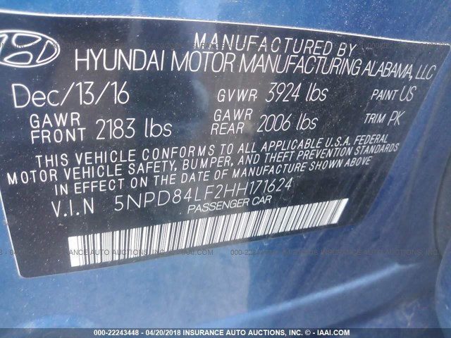 5NPD84LF2HH171624 - 2017 HYUNDAI ELANTRA SE/VALUE/LIMITED BLUE photo 9