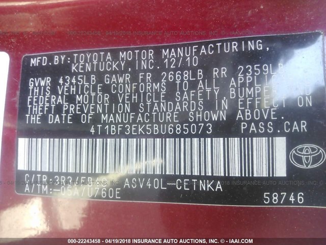 4T1BF3EK5BU685073 - 2011 TOYOTA CAMRY SE/LE/XLE Қызыл фото 9