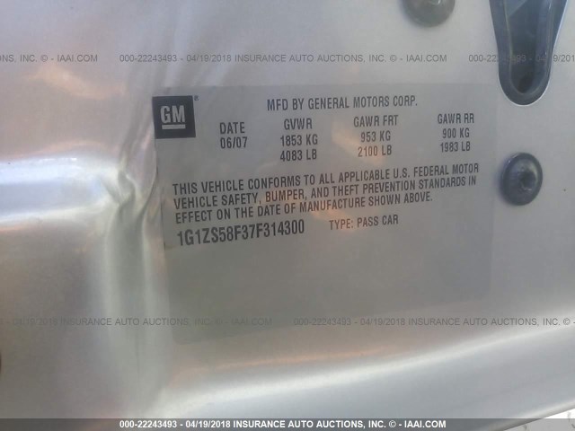 1G1ZS58F37F314300 - 2007 CHEVROLET MALIBU LS 银色 照片 9