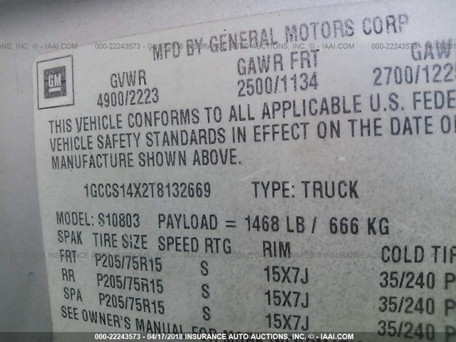 1GCCS14X2T8132669 - 1996 CHEVROLET S TRUCK S10 SILVER photo 9