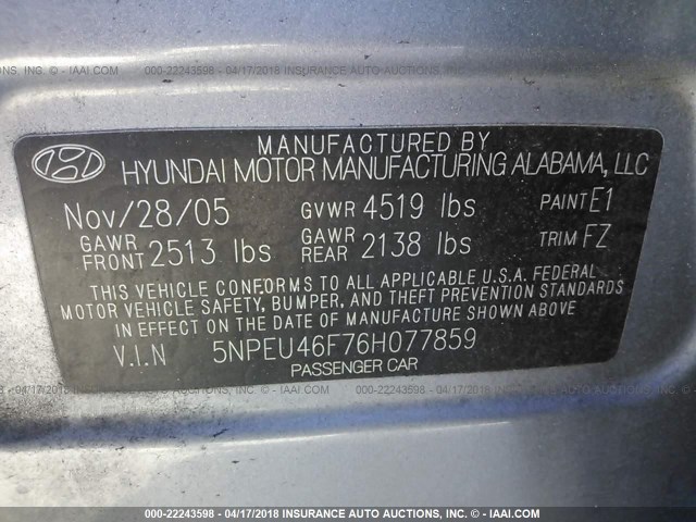 5NPEU46F76H077859 - 2006 HYUNDAI SONATA GLS/LX GRAY photo 9