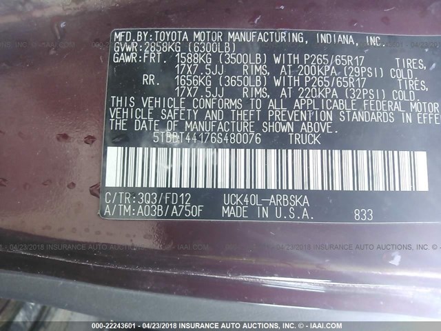 5TBBT44176S480076 - 2006 TOYOTA TUNDRA ACCESS CAB SR5 RED photo 9