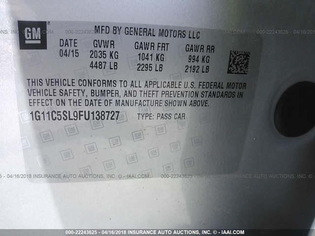 1G11C5SL9FU138727 - 2015 CHEVROLET MALIBU 1LT SILVER photo 9