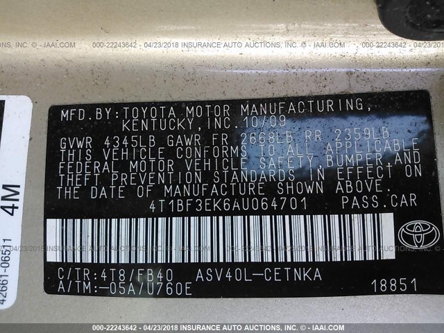 4T1BF3EK6AU064701 - 2010 TOYOTA CAMRY SE/LE/XLE 金色 照片 9