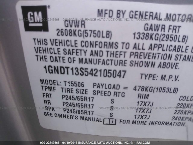 1GNDT13S542105047 - 2004 CHEVROLET TRAILBLAZER LS/LT SILVER photo 9