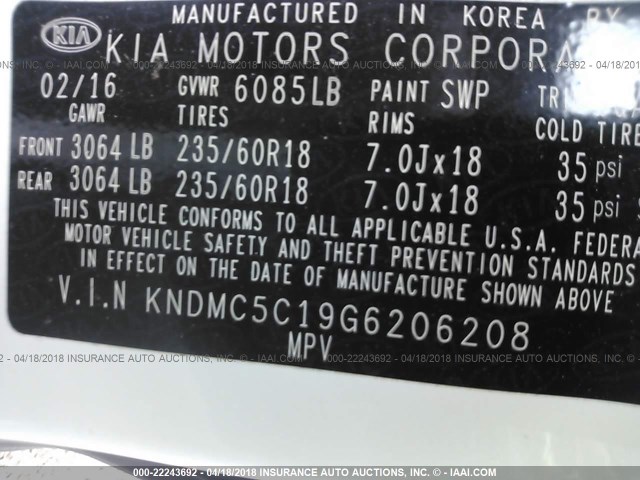 KNDMC5C19G6206208 - 2016 KIA SEDONA EX/SX WHITE photo 9