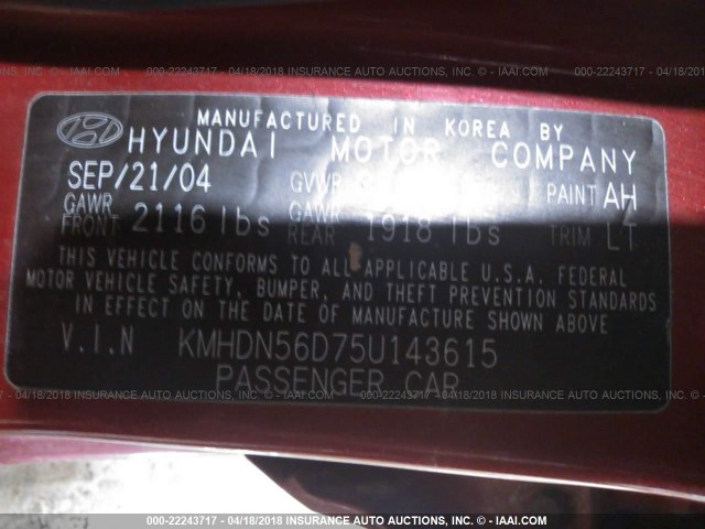 KMHDN56D75U143615 - 2005 HYUNDAI ELANTRA GLS/GT RED photo 9