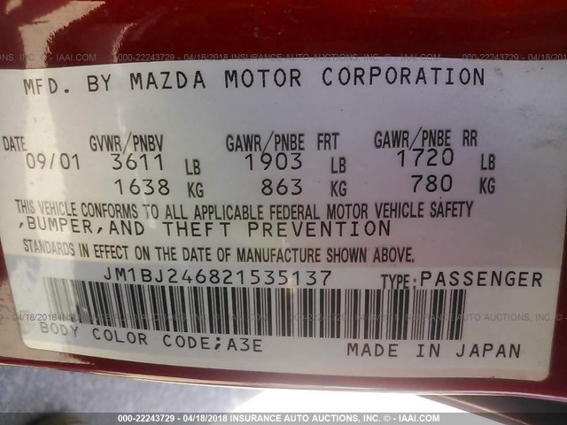 JM1BJ246821535137 - 2002 MAZDA PROTEGE PR5 红色 照片 9