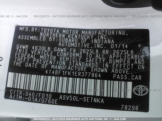 4T4BF1FK1ER377864 - 2014 TOYOTA CAMRY L/SE/LE/XLE WHITE photo 9