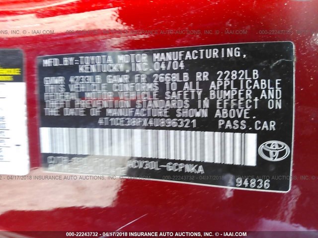 4T1CE38PX4U896321 - 2004 TOYOTA CAMRY SOLARA SE/SLE Qırmızı foto 9