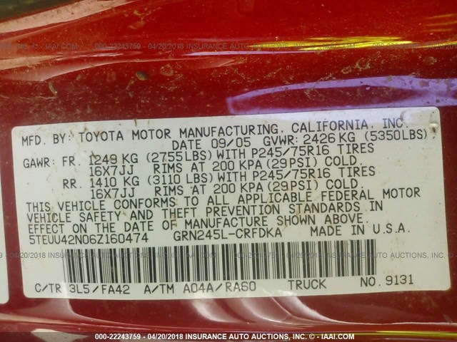 5TEUU42N06Z160474 - 2006 TOYOTA TACOMA ACCESS CAB RED photo 9