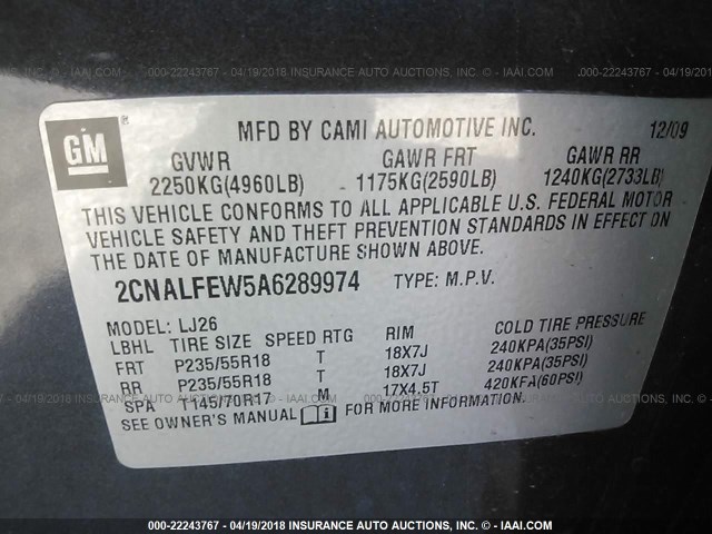 2CNALFEW5A6289974 - 2010 CHEVROLET EQUINOX LTZ GRAY photo 9