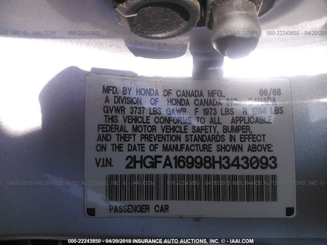 2HGFA16998H343093 - 2008 HONDA CIVIC EXL 银色 照片 9