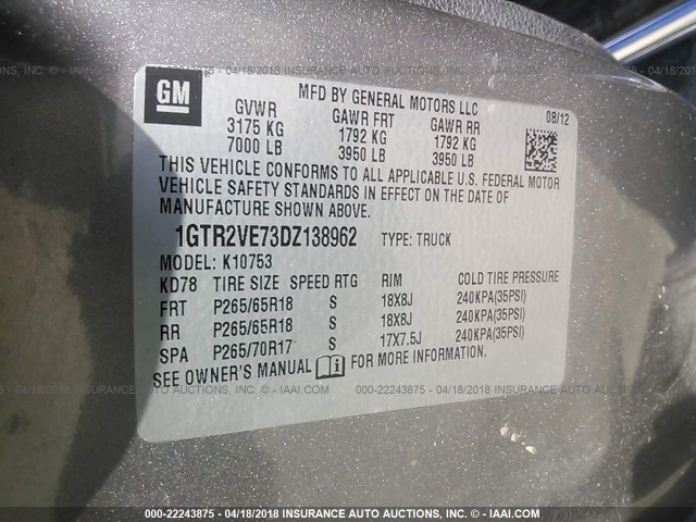 1GTR2VE73DZ138962 - 2013 GMC SIERRA K1500 SLE GRAY photo 9