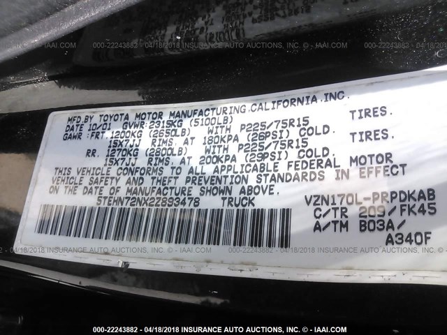 5TEHN72NX2Z893478 - 2002 TOYOTA TACOMA DOUBLE CAB შავი ფოტო 9