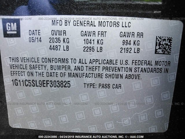 1G11C5SL9EF303825 - 2014 CHEVROLET MALIBU 1LT BLACK photo 9