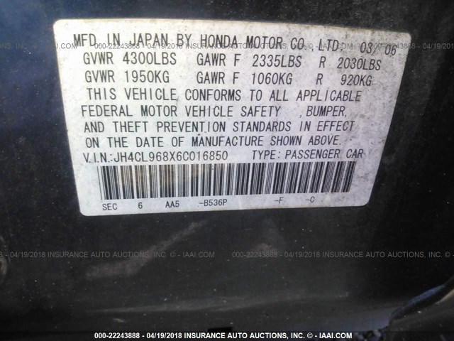 JH4CL968X6C016850 - 2006 ACURA TSX BLUE photo 9