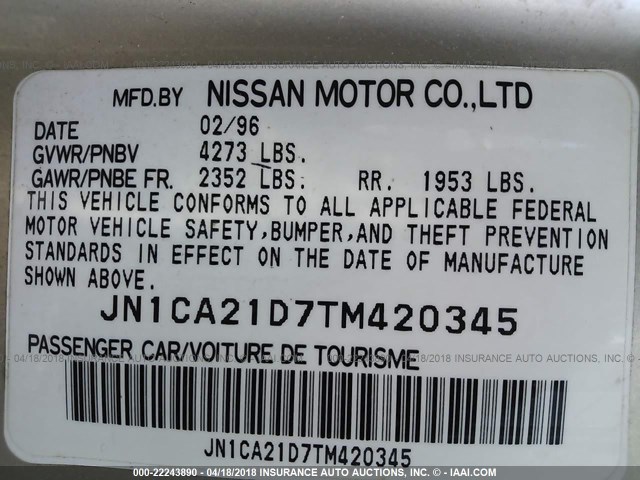 JN1CA21D7TM420345 - 1996 NISSAN MAXIMA GLE/GXE/SE GOLD photo 9