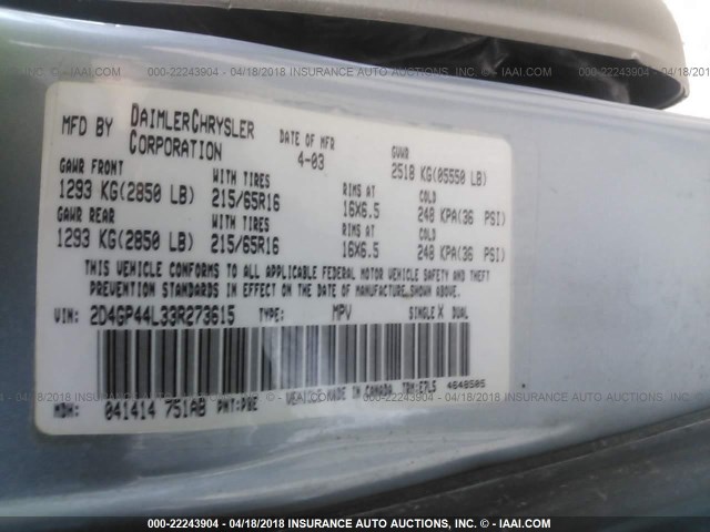 2D4GP44L33R273615 - 2003 DODGE GRAND CARAVAN SPORT Light Blue photo 9