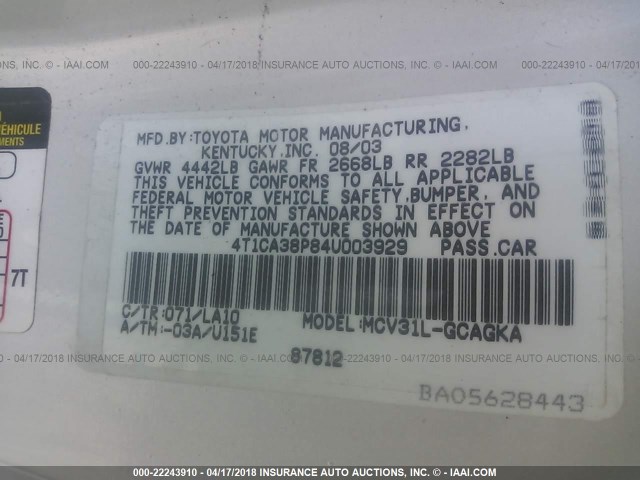 4T1CA38P84U003929 - 2004 TOYOTA CAMRY SOLARA SE/SLE 白色 照片 9