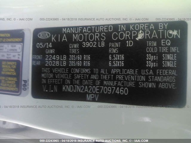 KNDJN2A20E7097460 - 2014 KIA SOUL WHITE photo 9