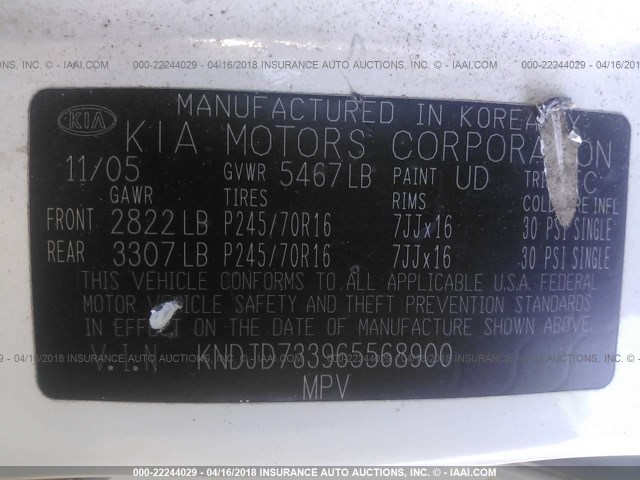 KNDJD733965568900 - 2006 KIA SORENTO EX/LX WHITE photo 9